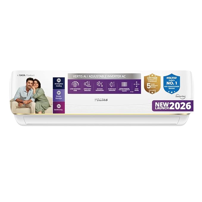 Voltas 1.5 ton 5 Star, New star rated, Inverter Split AC (Copper, Convertible 6-in-1 cooling modes, Ai Enabled, 4-way Swing, Sleep Mode, Auto Clean (185INV VERTIS AI ZEST GOLD, White)